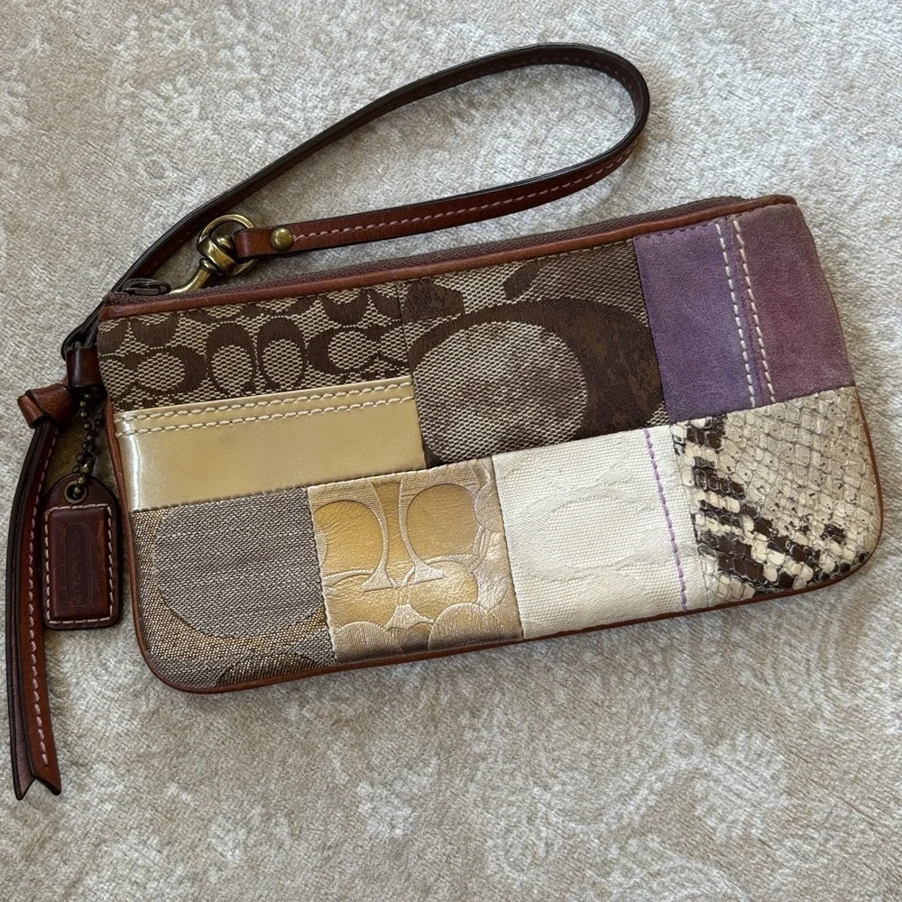 Coach Patchwork Zippered Wristlet Signature C Leather Suede Metallic Snakeskin